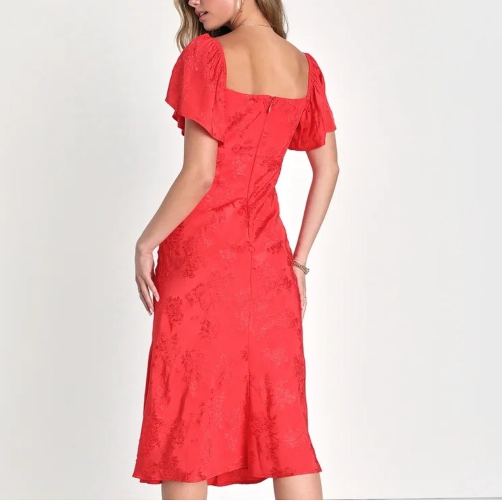 NWT XL Lulu's Effervescent Afternoon Red Satin Flutter Sleeve Midi Dress - Picture 4 of 16
